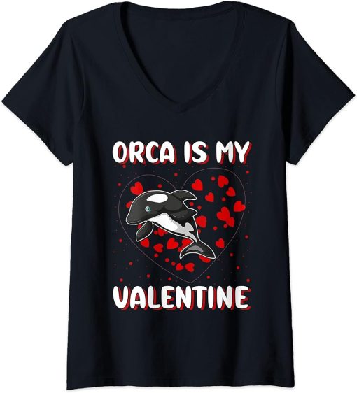 Womens Orca Is My Valentine Heart Shape Orca Fish Valentine V-Neck T-Shirt