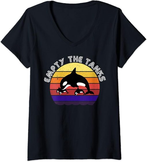 Womens Orcas Whale Empty The Tanks. Save the Orca Whales V-Neck T-Shirt