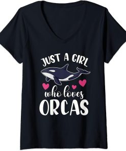 Womens JUST A GIRL WHO LOVES ORCAS Funny Orca Killer Whale Graphic V-Neck T-Shirt