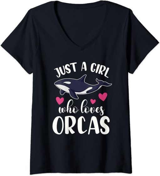 Womens JUST A GIRL WHO LOVES ORCAS Funny Orca Killer Whale Graphic V-Neck T-Shirt