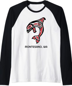 Montesano, Washington Native American Orca Killer Whales Raglan Baseball Tee