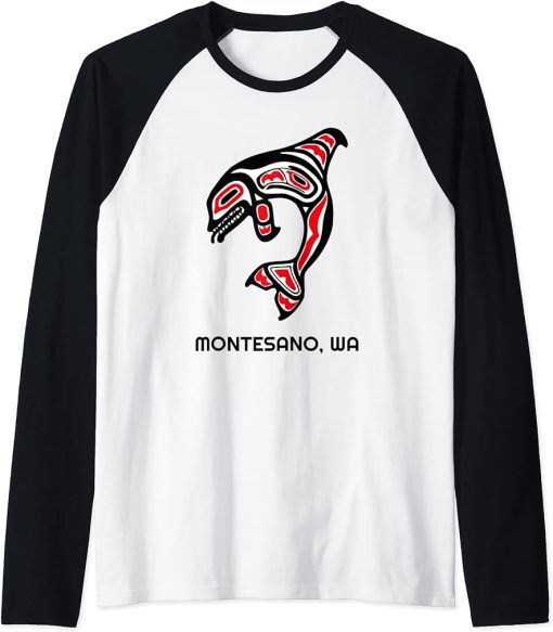 Montesano, Washington Native American Orca Killer Whales Raglan Baseball Tee