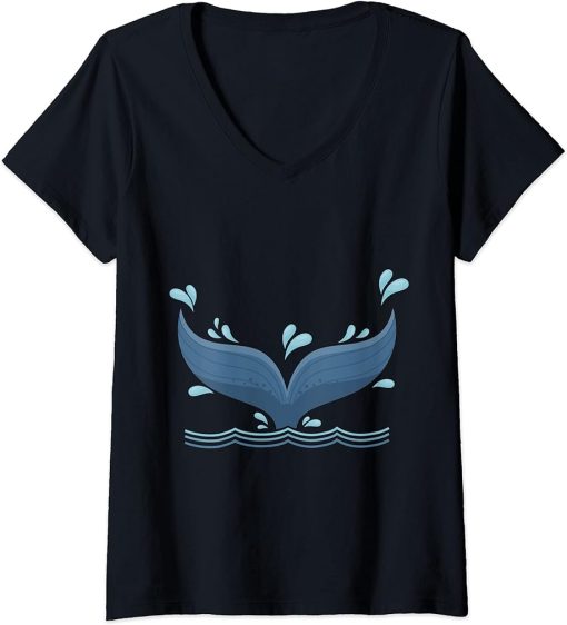 Womens Whale Tail in Waves Orca Ocean V-Neck T-Shirt