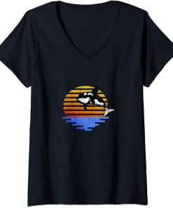 Womens Distressed Retro Orca, Killer Whale Sunset Graphic Design V-Neck T-Shirt