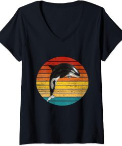 Womens Retro Vintage Orca Killer Whale Jumping Killer Alaska V-Neck T-Shirt