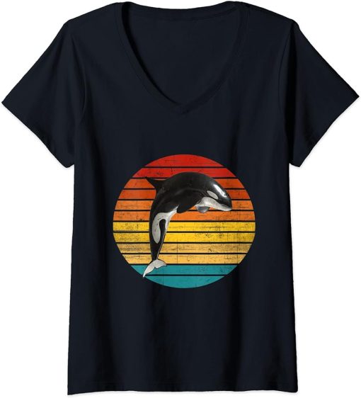 Womens Retro Vintage Orca Killer Whale Jumping Killer Alaska V-Neck T-Shirt