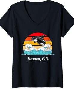 Womens Vintage Samoa CA Distressed Orca Killer Whale Art V-Neck T-Shirt