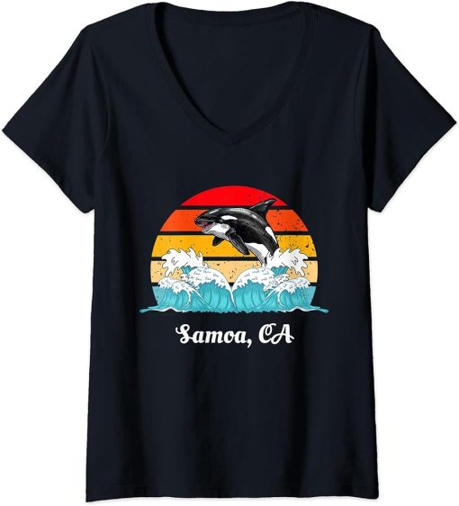 Womens Vintage Samoa CA Distressed Orca Killer Whale Art V-Neck T-Shirt