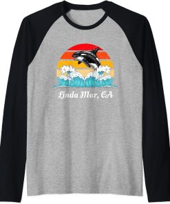 Vintage Linda Mar CA Distressed Orca Killer Whale Art Raglan Baseball Tee