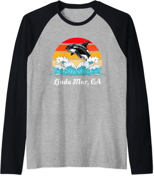 Vintage Linda Mar CA Distressed Orca Killer Whale Art Raglan Baseball Tee